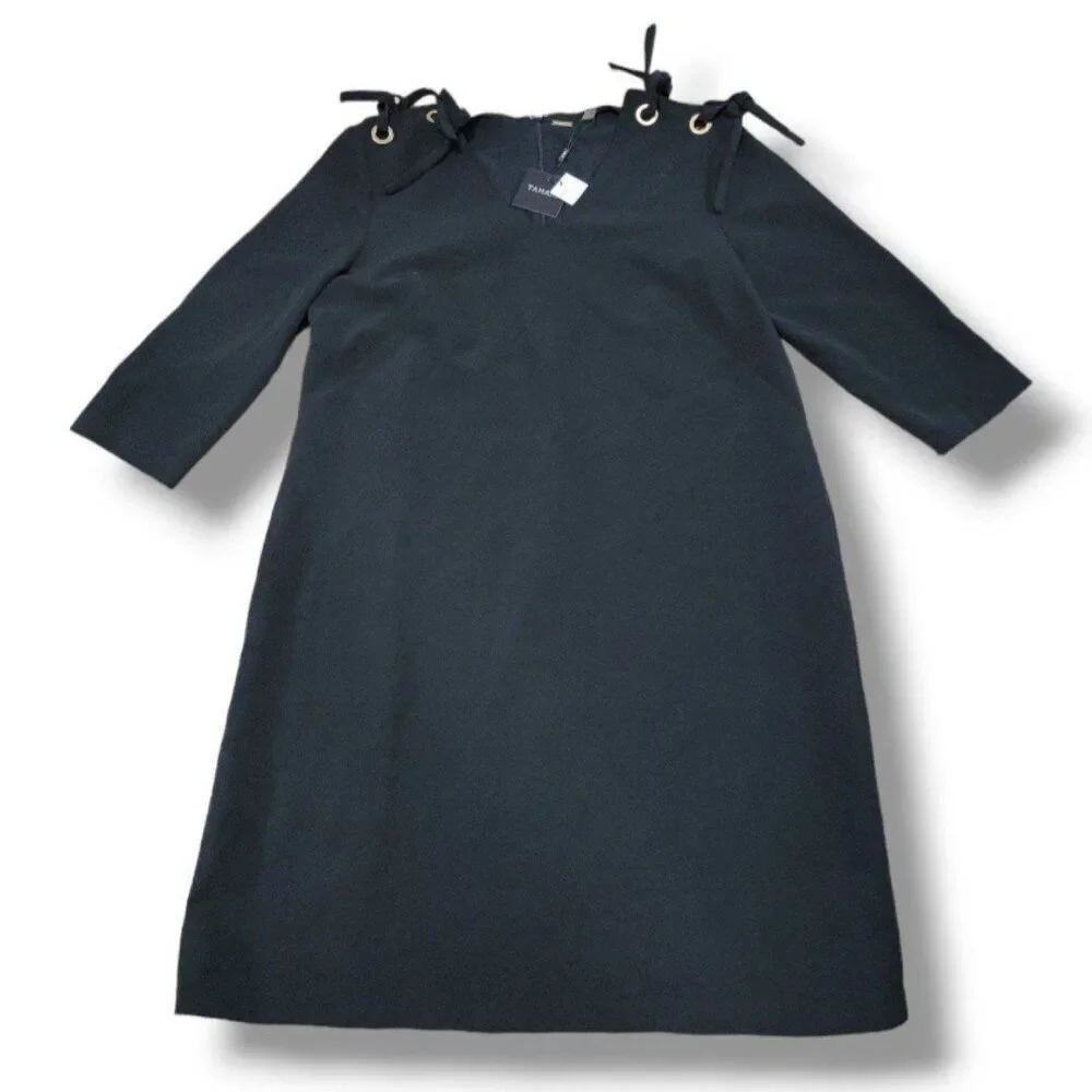 Tahari Dress Size 16 Womens A-Line Dress 3/4 Sleeves Shoulder Ties Black New NWT